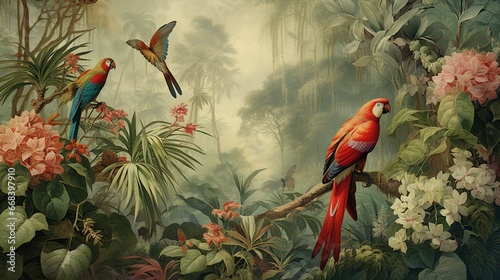 wallpaper jungle and leaves tropical forest mural parrot and birds butterflies old drawing vintage background 