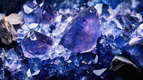 rough blue sapphire and diamonds gemstones crystals raw amethyst tanzanite dark background.