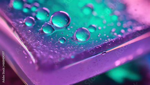 close up of clear cosmetic gel texture with air bubbles inside in colorful neon light