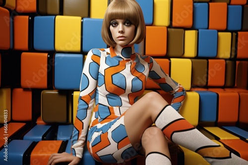  1960s mod fashion model with geometric patterns and go-go boots.