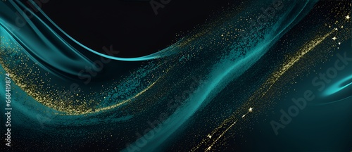 Abstract teal cyan shiny wave with golden glitter sparkles on plain black background from Generative AI