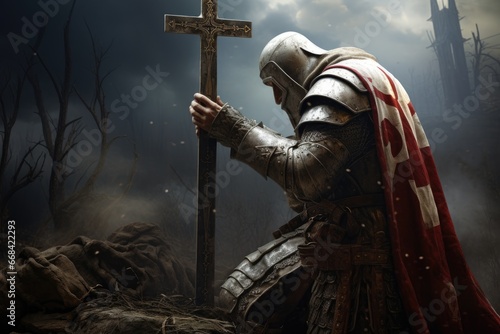 Templar knight praying before a battle