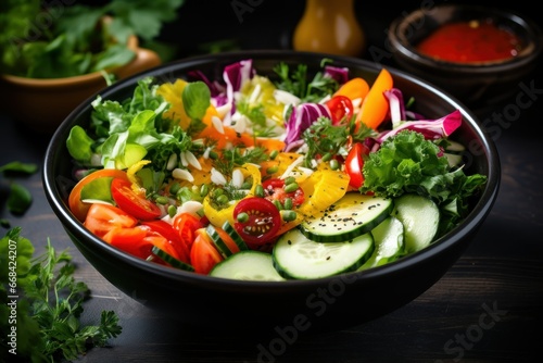 Fresh salad bowl with a colorful mix of vegetables and dressing.