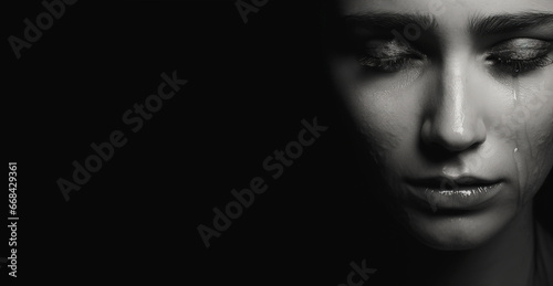black and white portrait of a woman cry
