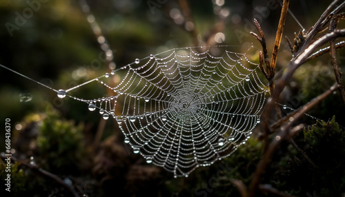 Spider web dew drop close up wet forest autumn leaf macro generated by AI
