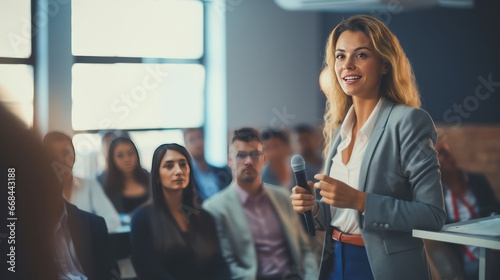 A Business and Entrepreneur Expo with female speakers giving presentations on company business meetings. Unknown people in the audience at the conference room.