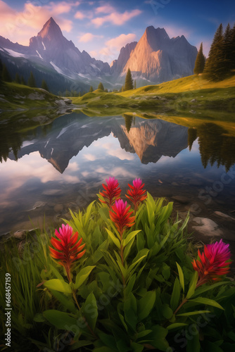 Rugged Mountain sits behind beautiful flowers