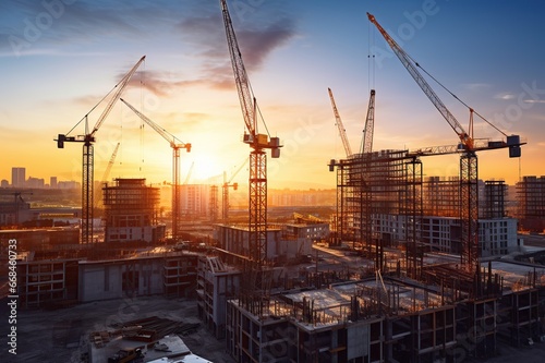 Construction site and sunset. View of a large construction site with buildings under construction. Crane and construction site building against blue sky. Generative AI