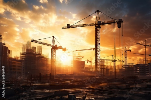 Construction site and sunset. View of a large construction site with buildings under construction. Crane and construction site building against blue sky. Generative AI