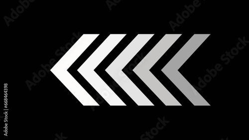 White glowing left arrows. 4K silhouette arrows animation in white color isolated on black chroma key background. Seamless loop. Direction banner