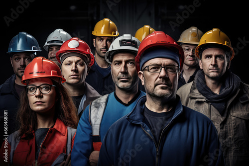 man in high visor with glasses looking in the direction of company worker standing in line near a factory