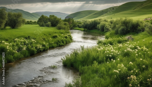 Tranquil rural scene green meadow, mountain range, flowing water, beauty generated by AI