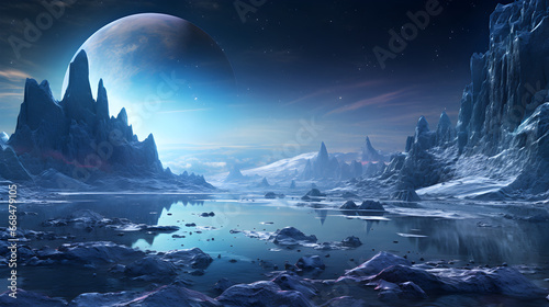 A vast, tranquil body of water is encircled by snow-clad mountains on an extraterrestrial world, concealing the potential for life beneath its waves.