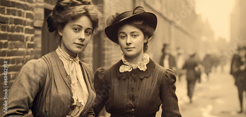 Two young women standing on a street in an old European city. Vintage 1900s style street photography.