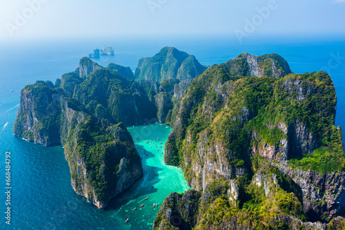Aerial drone photography of Phi Phi Island, Krabi Province, Thailand.