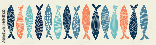 Set of colorful fish. Vector hand drawn illustration.