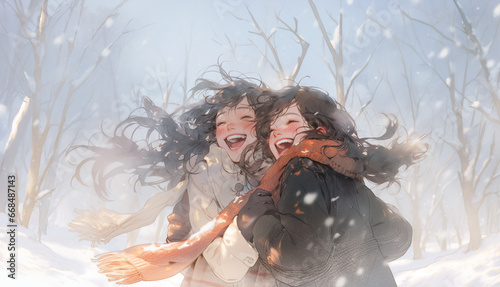 雪の中笑顔ではしゃぐ二人の女の子