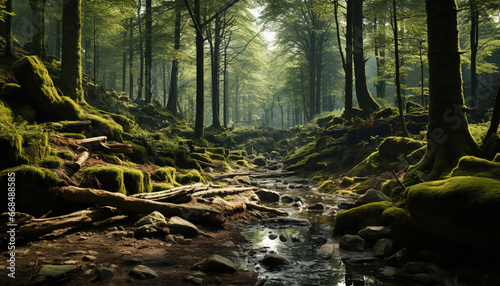 Tranquil scene wet autumn forest, mysterious fog, flowing water generated by AI