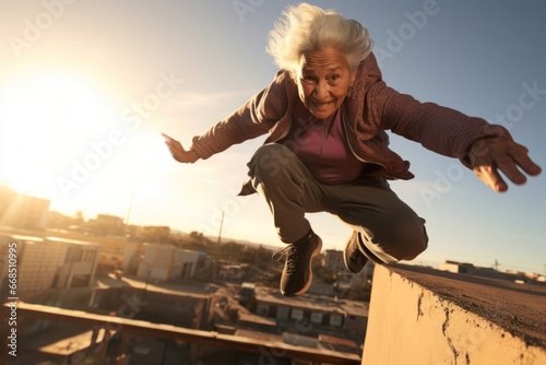 Hispanic Female Elderly Urban Athlete Extreme Sports Backdrop Generative AI