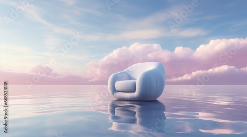Fluffy armchair posing on the top of the water lake river or sea, in dreamy surreal landscape setup with pastel clouds and sky. Romantic love concept.