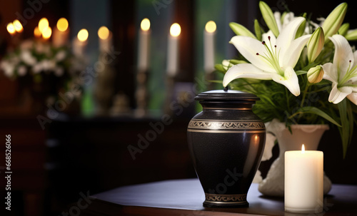 Black cremation urn with white lilies, church background and burning candles. Urn with ashes and white flowers.