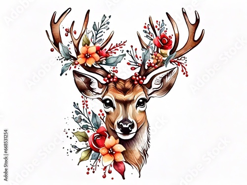 Illustration of a deer with antlers and flowers.