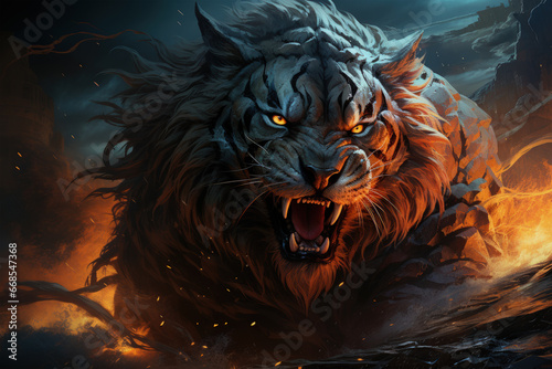 A powerful Siberian Tiger standing near a rushing river, the golden sunset casting warm hues over the landscape, Generative Ai