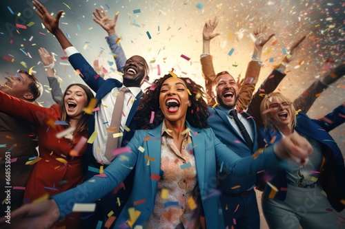 Group of diverse businesspeople cheering celebrate and victory to business success with colleagues, Smiling multiethnic colleagues celebrate shared business success or victory in office