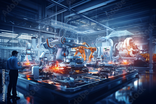 Industry 4.0 smart factory interior showcases advanced automation, machinery, and robotics in a futuristic industrial setting.