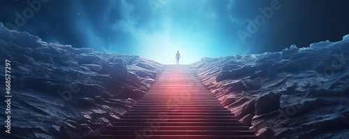 man escape from a mystic stairway , Escape from Mystic Stairway, Explore the Unknown and Enigmatic, Success Determination and Achievement, Businessman Ascending Stairs of Progress and Personal Growth