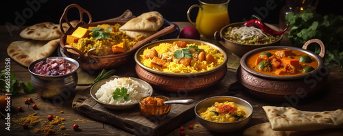 indian food collage assorted , chicken, Palak Paneer, Chiken Tikka, Biryani, Vegetable Curry, Papad, Dal, Palak Sabji, Jira Alu ,indian cuisine 