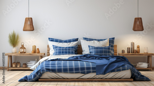 Swedish minimalist bedroom with ceramic walls, bed with blue and white checkered duvet. 