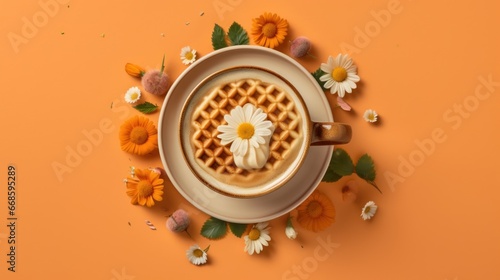Cup of coffee with waffles, flowers and leaves on orange background. Cafe concept with a copy space.