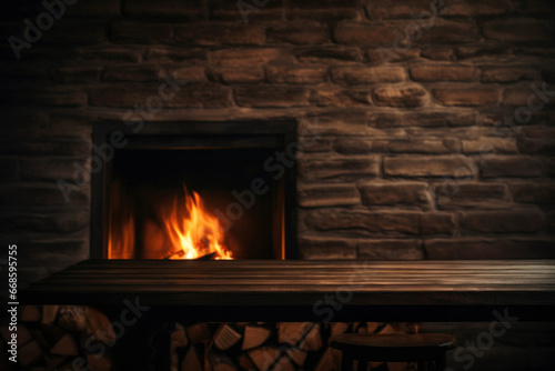 Wooden table in front of a fireplace on a brick wall background. High quality photo