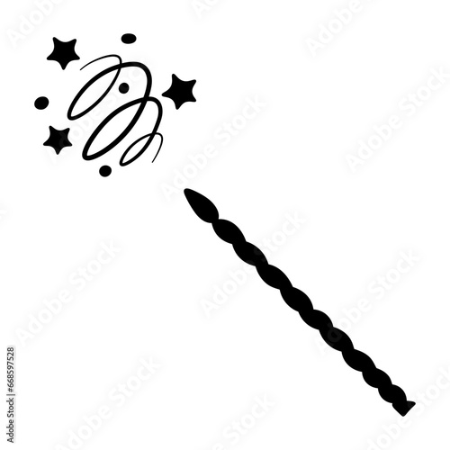 Witchcraft with a magic wand. Silhouette. A twisted wand twisted in a spiral creates a swirling movement of fairy dust. Miracle tool. Vector illustration. Isolated background. Idea for web design.