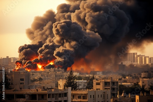 Devastating Consequences of the Israel-Palestine Conflict: Destroyed Buildings Engulfed in Flames