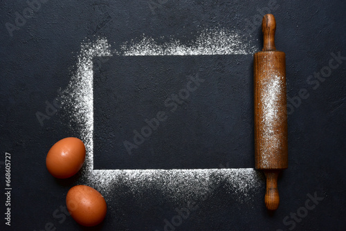 Food background with ingredients for baking. Top view with copy space.