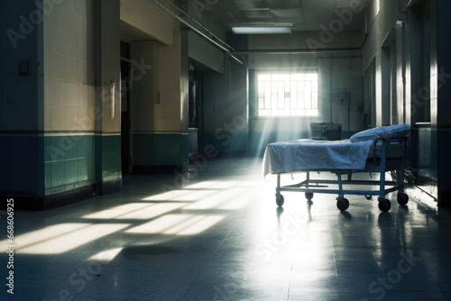 a lone hospital gurney in a brightly lit hallway
