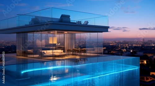 A rooftop pool with a transparent acrylic wall facing the interior of the home.