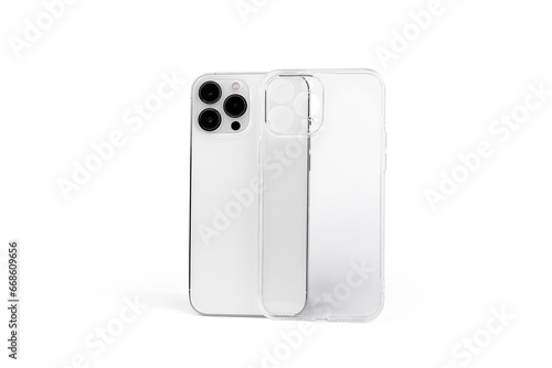 Silicone transparent phone case with white smartphone isolated on white background.