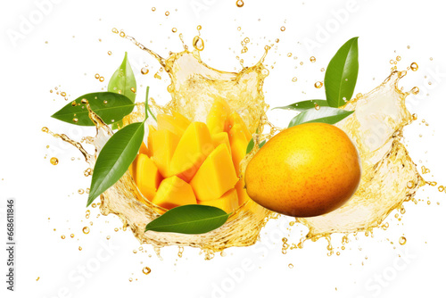 Ripe Mango Pieces with Green Leaves and Succulent Juice Isolated on Transparent Background