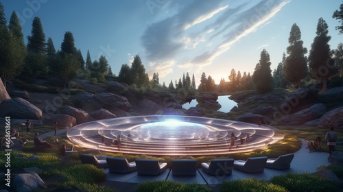 A sleek outdoor amphitheater with a massive LED screen for immersive entertainment.