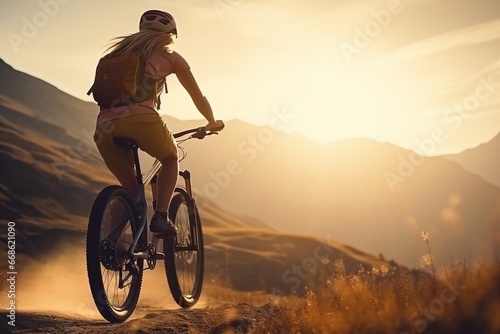 Morning Mountain Ride: Young Woman Cycling on a Beautiful Trail