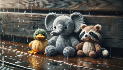 Knitted toys an elephant, a duckling, and a racoon, abandoned on a rainy wooden porch, with raindrops