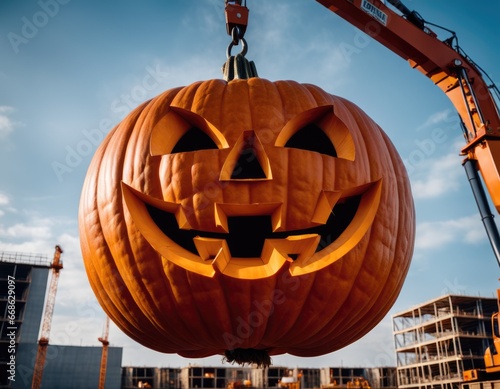 Giant pumpkin at contruction site in the city unloaded by excavator during Halloween holiday celebration