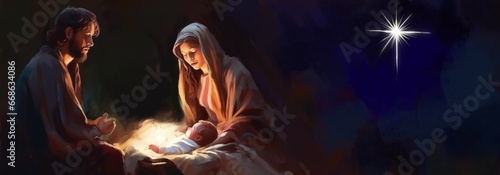 Christmas story. Christmas night, Mary, Joseph and the baby Jesus, Son of God , symbol of Christianity , Christmas greeting card, art illustration painted, generative ai.