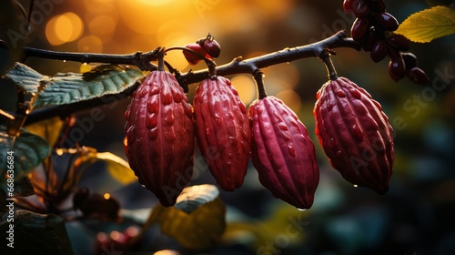 Beautiful ripe cocoa bean fruit on tree. Generative AI.