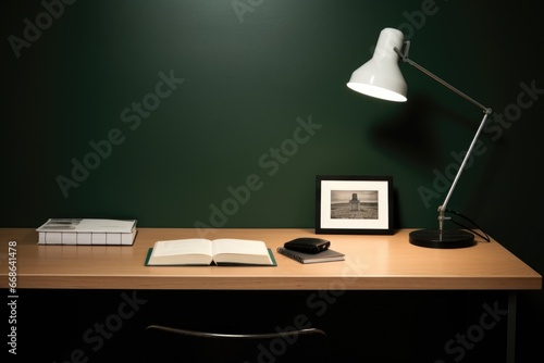 minimalist desk with marxs primary texts and a lamp