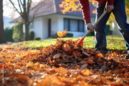 raking and bagging fallen autumn leaves