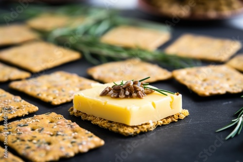 zoomed view of rye cracker with shredded colby cheese on it